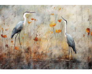 Fototapete von malerischen Reihern an einem See, mit einer künstlerischen Darstellung von Vögeln.