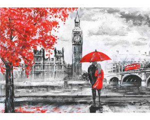 Fototapete mit einem Gemälde von London, mit Big Ben und einem abstrakten Kunststil.