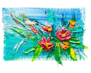 Abstrakte Fototapete mit einem Gemälde von Blumen in Farbe und Kunst-Stil.