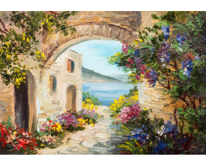 Fototapete eines Gemäldes einer romantischen Landschaft in Italien, mit einer idyllischen Umgebung.