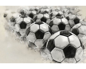 Fototapete eines künstlerischen Gemäldes mit Fußbällen in verschiedenen Positionen, die in einer dynamischen Komposition dargestellt sind.