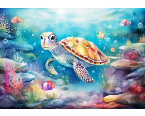 Kindertapete mit einer Schildkröte, die durch eine Unterwasserwelt schwimmt, umgeben von Fischen und Meeresdetails.