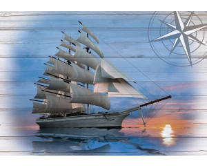 Maritime Fototapete mit einem Schiff auf einem hölzernen Hintergrund, ideal für eine nautische Atmosphäre.