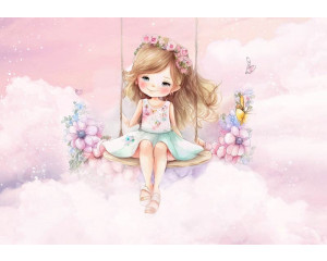 Schaukelndes Mädchen in den Wolken, umgeben von einem verträumten Himmel, abgebildet auf dieser Fototapete.