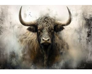 Fototapete Schottisches Hochlandrind im industriellen Stil als Produktfoto mit zotteligem Fell, langen Hörnern und rauem Hintergrund.