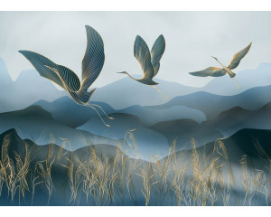 Eine Fototapete mit verschnörkelten goldenen Kranichen, bei der elegante Vögel mit zarten Goldakzenten vor einem tiefen Hintergrund schweben und einen luxuriösen Effekt erzeugen.