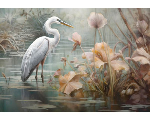 Ein anmutiger Reiher, der in einem von Blumen umgebenen See steht, ist auf dieser Fototapete wunderschön dargestellt.