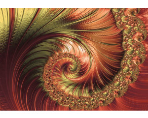 Fototapete mit verschnörkelten roten Federn in einem abstrakten Kunstdesign.