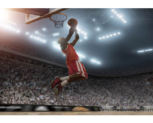 Slam-Dunk-Moment in einem Basketballstadion, dargestellt auf einer dynamischen und sportlichen Fototapete.