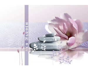 Zen-Garten Fototapete, mit rosa Steinen und Blumen, ideal für eine heitere und beruhigende Atmosphäre.