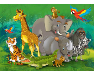 Fototapete mit verspielten Dschungeltieren wie einem Elefanten, einer Giraffe, einem Nashorn, einem Zebra, einem Tiger und einem Krokodil.