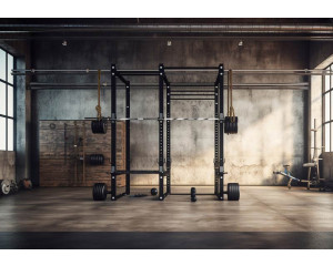 Fototapete eines Fitnessstudios Powerzone mit Hanteln und Gewichten, perfekt für Fitnessräume.