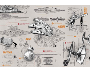 Blaupausen von kultigen Star Wars-Fahrzeugen auf einer Fototapete, ideal für ein Sci-Fi-Thema.