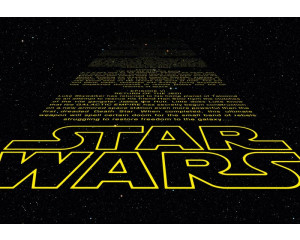 Star Wars Intro-Fototapete mit dem kultigen gelben Text, der durch den Weltraum schwebt.