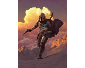 Mandalorian Escape Fototapete zeigt eine spannende Flucht durch den Weltraum, mit einer Verfolgung von feindlichen Schiffen.