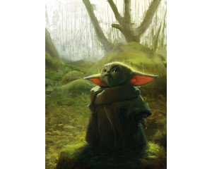 Mandalorianer und Grogu (Baby Yoda) auf einer künstlerischen Acryl-Fototapete mit leuchtenden Farben und einem galaktischen Hintergrund.