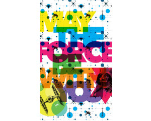 Geometrisches Neon-Porträt von Darth Vader mit leuchtenden Farben und abstrakten Formen auf einer auffälligen Star Wars-Fototapete.