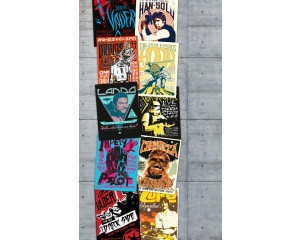 Die Fototapete Star Wars Rock On Wall zeigt ikonische Star Wars-Charaktere auf einer verwitterten Wand im Graffiti-Stil.