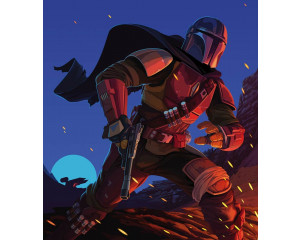 Die Fototapete Mandalorianischer Hinterhalt zeigt den Mandalorianer, der in einen Hinterhalt gerät, mit Explosionen und Stormtroopern in Sichtweite.