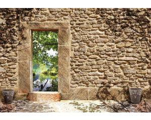 Fototapete einer Steinwand mit realistischen 3D-Effekten eines Teiches.