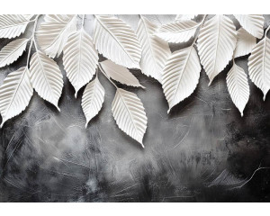 Fotobehang met klassieke botanische bladeren in zachte groentinten op een lichte achtergrond.