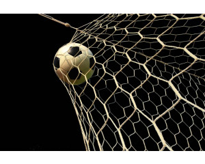 Fototapete mit einem Fußball, der sich im Netz spannt, aufgenommen im Moment des Torerfolgs, besonders für junge Fußballfans.