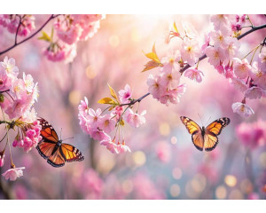 Eine wunderschöne Fototapete mit leuchtend rosa Kirschblüten und anmutig flatternden Schmetterlingen im Frühling vor einem weichen, ruhigen Hintergrund.