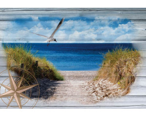 Fototapete von einem Strand mit Dünen und dem Meer, gerendert auf einem hölzernen Hintergrund.
