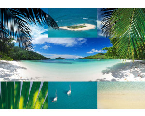 Strand mit Palmen und blauem Meer, gerendert auf einer schönen Fototapete für eine sommerliche Atmosphäre.