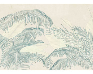 Eine Fototapete mit dezenten Palmwedeln, bei der sanfte Grüntöne und zarte Palmwedel einen ruhigen und natürlichen Look erzeugen.