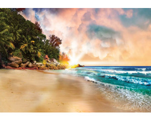 Sonnenuntergang am Strand, Fototapete mit einem ruhigen Blick auf das Meer und den Horizont.