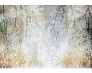 Fototapete mit Baumzweigen, die vor einer Betonwand wachsen und eine einzigartige Mischung aus Natur und Industrie schaffen.