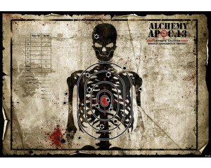 Fototapete einer Schießkarte mit einem Skelett und einem Ziel, robust und industriell.