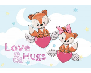 Fototapete von fliegenden Teddybären mit Herzen und Wolken, weich und niedlich.