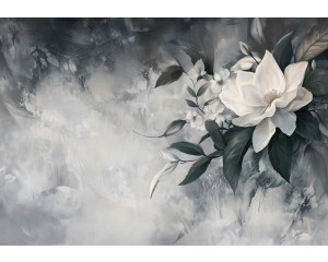 Fotobehang met een tijdloze witte bloem in een moderne compositie met zachte schaduwen en neutrale tinten.