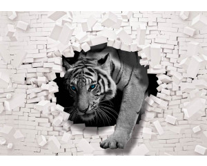 Fototapete mit einem Tiger, der aus der Wand bricht, 3D-Effekte mit abstrakten Ziegeln.