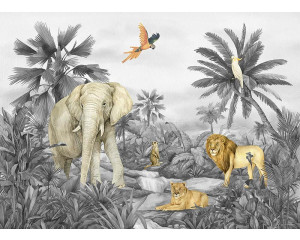 Eine tropische Tierparadies-Fototapete, die einen Löwen, einen Elefanten und einen Papagei in einem stimmungsvollen Dschungel mit einem verspielten Farbkontrast zeigt.