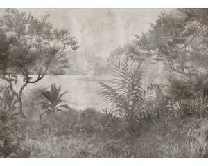 Fototapete mit einem tropischen See im Vintage-Stil, der von grün-grauen Tönen dominiert wird, perfekt für einen rustikalen und zeitlosen Look.