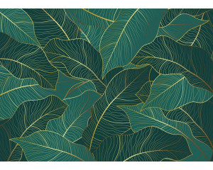 Eine Fototapete mit tropischen Blättern in Smaragdgrün und Gold.
