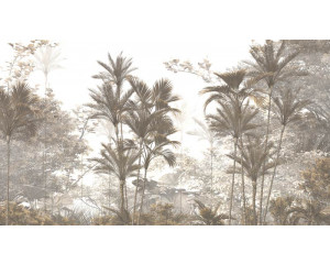 Fototapete von tropischen Bäumen und Pflanzen in einem dichten Dschungel, mit einer heiteren Atmosphäre.