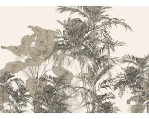 Fototapete mit einer lebendigen tropischen Komposition, voller exotischer Blätter, Blumen und warmer Töne, perfekt für einen energetischen und natürlichen Look.