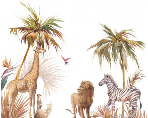 Tropische Tiere, die in einem üppigen Dschungel leben, sind auf dieser Fototapete farbenfroh abgebildet.