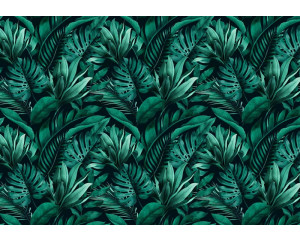 Tropische Dschungelblätter auf einer botanischen Fototapete, die eine frische und üppige Atmosphäre schafft.