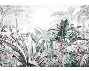 Fototapete mit tropischen Pflanzen und Dschungelblättern, die im botanischen Stil gehalten sind.