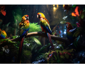 Fototapete mit farbenfrohen tropischen Papageien, die sich zwischen den dichten Blättern des Dschungels verstecken, mit lebhaften Details.