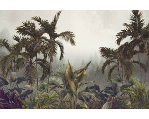 Tropische Pflanzen und Blumen, in Nebel gehüllt, abgebildet auf einer Fototapete eines üppigen Dschungels.