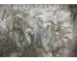 Fototapete mit tropischen Dschungelpflanzen und Bäumen auf einem Betonhintergrund, mit einem modernen Touch.