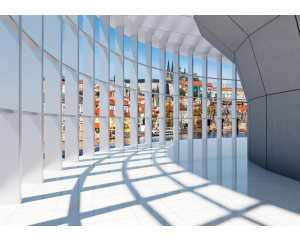 Fototapete mit einem 3D-Tunnel, Stadtansicht und Panoramabild einer Stadtlandschaft.