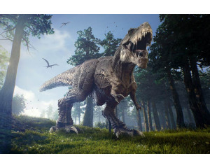 Tyrannosaurus Rex brüllt in einer kraftvollen und detaillierten Fototapete, die die Kraft dieses Dinosauriers hervorhebt.