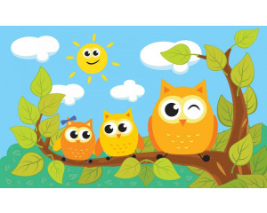 Fototapete mit Eulen und Käuzen, niedlich und bunt.